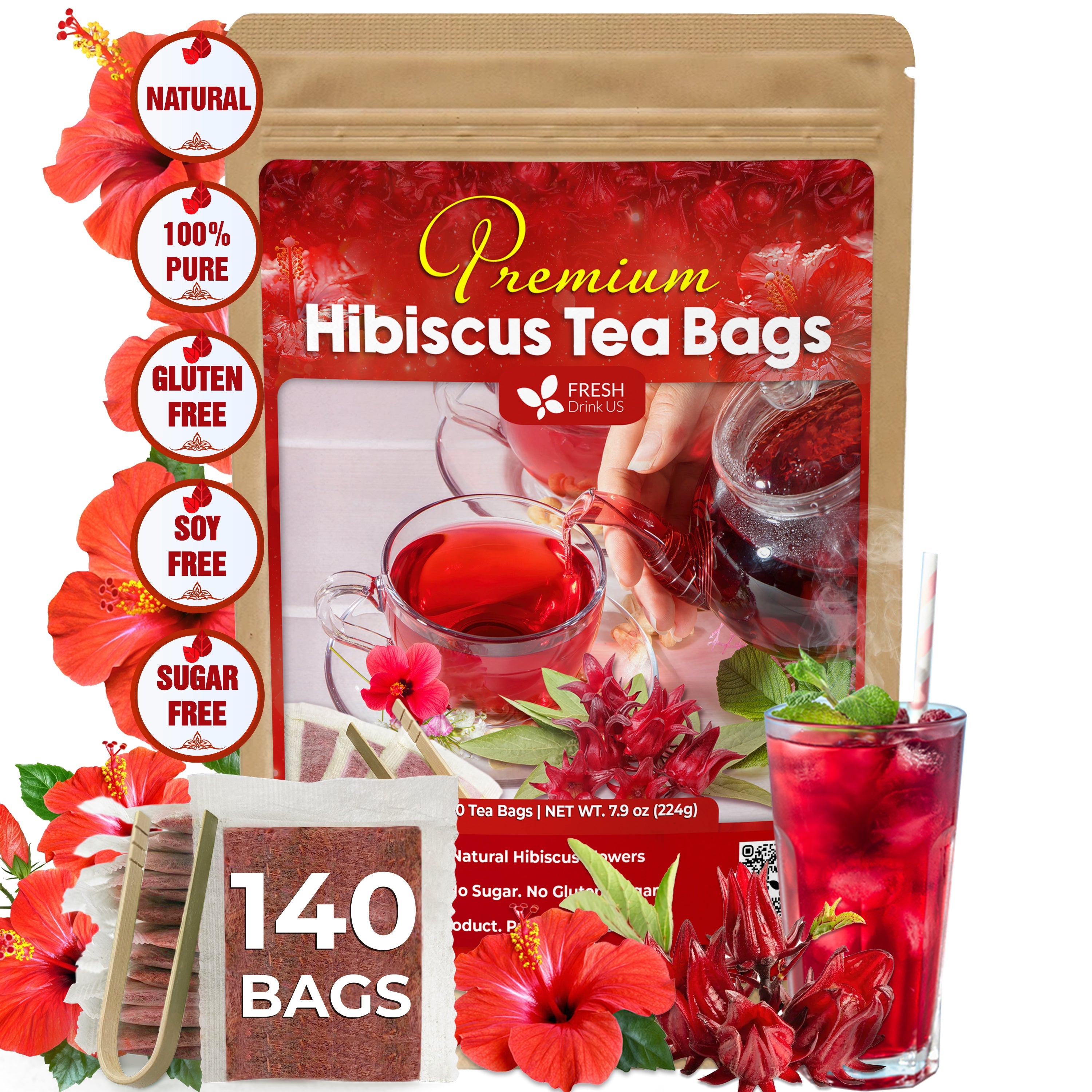 Hibiscus Dried Flowers Tea Bags — 100% Natural Herbal Tea