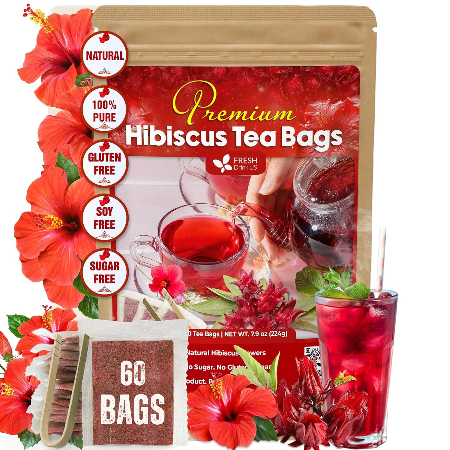 Hibiscus Dried Flowers Tea Bags — 100% Natural Herbal Tea