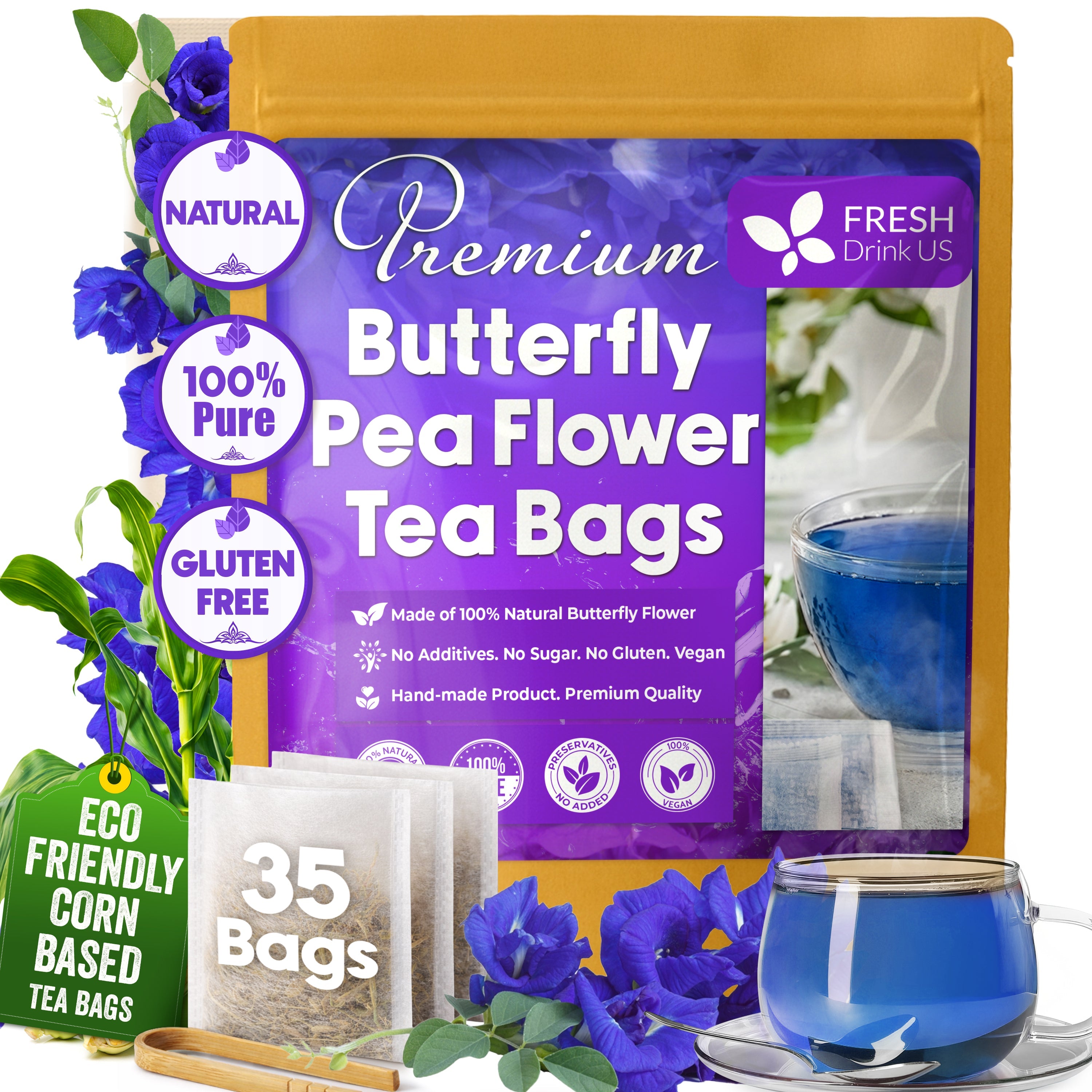Butterfly Pea Flower Tea Bags — 100% Natural Herbal Tea